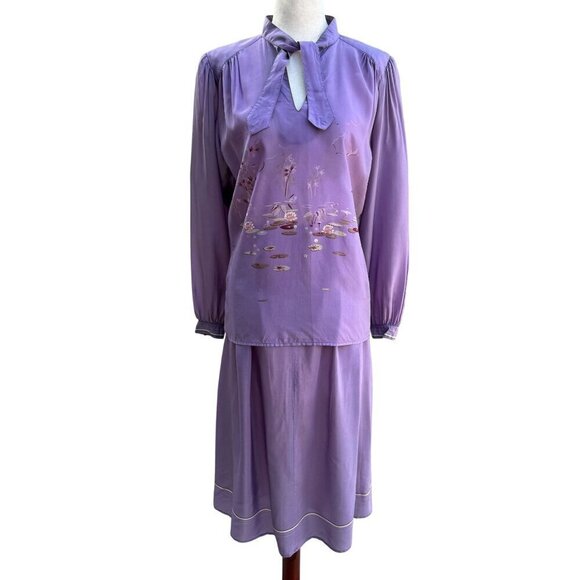 Richard Peters Vintage Lilac Silk Floral Tie Neck Blouse Pleated Midi Skirt Set - Picture 1 of 16